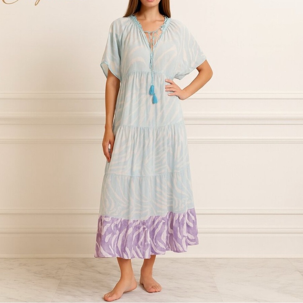 Oliphant Zebra Print Maxi Dress Women's Small Blue Ombre‎ Ruffle Collar Boho
